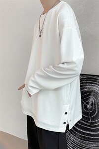 T3088/P25秋装现货新款排扣开叉长袖排口T恤男打底衫宽松大码上衣图片