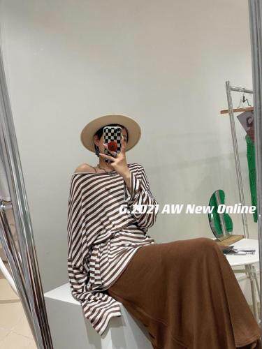 现货秋季新款条纹一字领宽松上衣慵懒风，其它，G