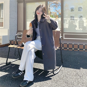 深灰色复古高级感气质风衣外套女2025秋韩系收腰显瘦格纹拼接大衣图片