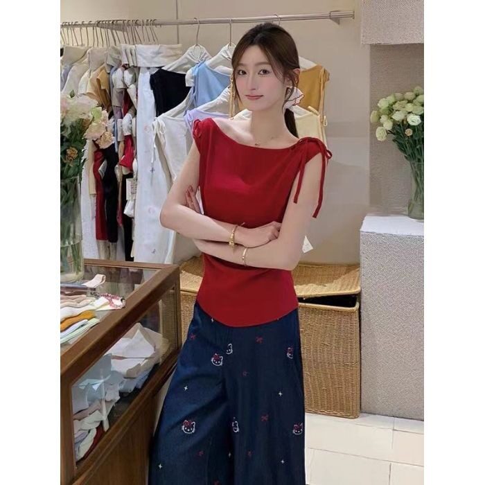 辣妹露肩短袖T恤女新款设计感斜肩系带修身短款上衣，男装针织衫/毛衣，星座1210-1