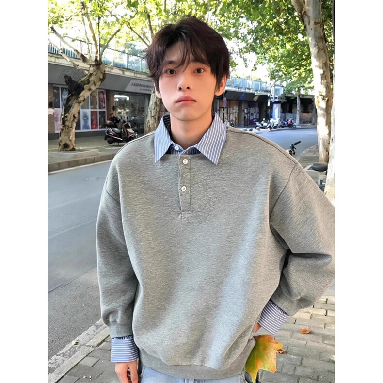 美式假两件衬衫领卫衣男款长袖polo衫重磅内搭打底衫LW188-P45,男装T恤,星座1008