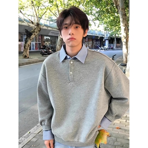 美式假两件衬衫领卫衣男款长袖polo衫重磅内搭打底衫LW188-P45图片