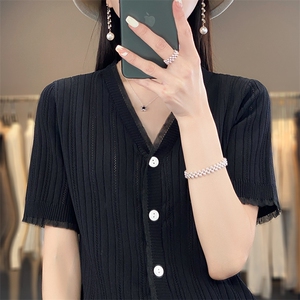 蕾丝开衫短袖t恤女夏季2025新款打底衫洋气女装冰丝针织上衣图片