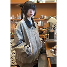 帛跃复古千鸟格拼接外套皮领廓形老钱风休闲男女夹克JA208，男装夹克，星座1116A（原606A-3）