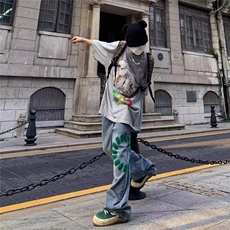 美式复古做旧水洗牛仔裤男士炸街潮牌ins嘻哈小众直筒百搭阔腿裤，男装牛仔裤，星座506A