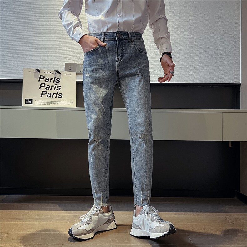 B230新款时尚复古怀旧浅蓝色切边修身小脚牛仔裤男长期款9221P85,男装牛仔裤,电商B230