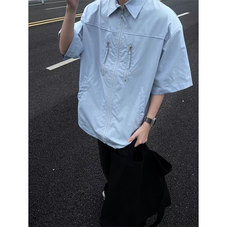 高街设计感工装短袖衬衫男夏季宽松痞帅拉链衬衣外套CG588-p38,男装衬衫,星座1008