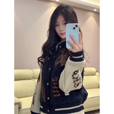 美式复古印花字母拼接PU皮棒球服夹克男女潮牌宽松百搭情侣外套潮，男装夹克，星座601-1