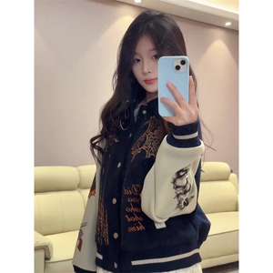 美式复古印花字母拼接PU皮棒球服夹克男女潮牌宽松百搭情侣外套潮图片