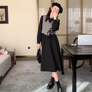 新中式国风千鸟格马甲套装女2025春秋新款收腰显瘦衬衫长裙两件套图片