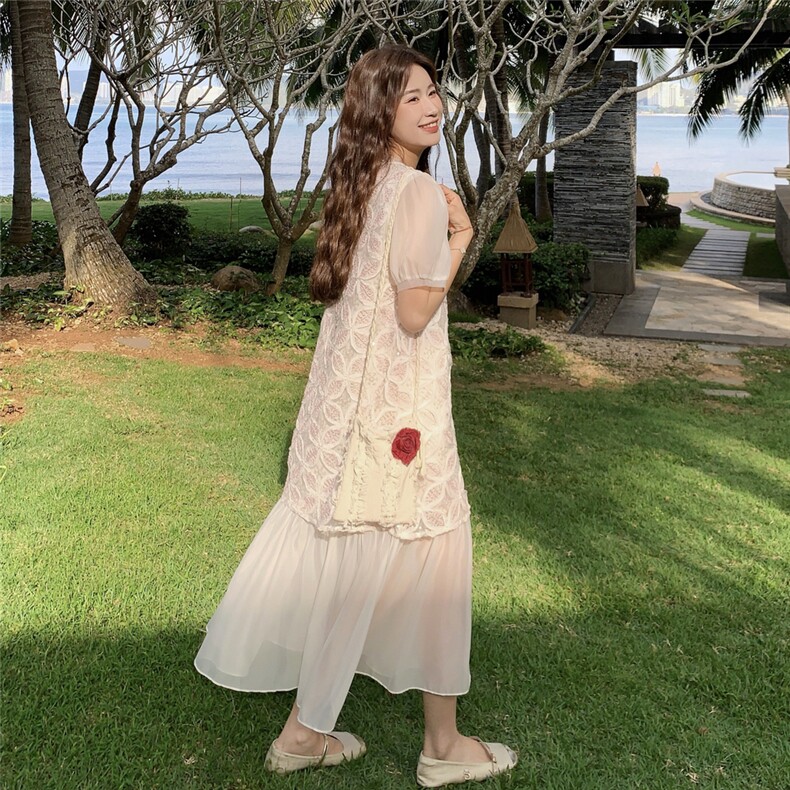 粉色拼接连衣裙女夏2025新款度假风流行减龄森系温柔风长裙爆款,女装连衣裙,2C201