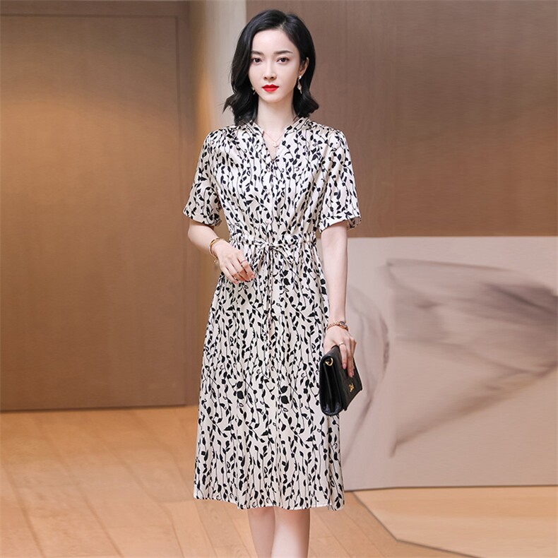 杭州真丝丝绸连衣裙女装2023夏季新款桑蚕丝v领碎花显瘦气质a裙子,女装连衣裙,阿舍尔精品