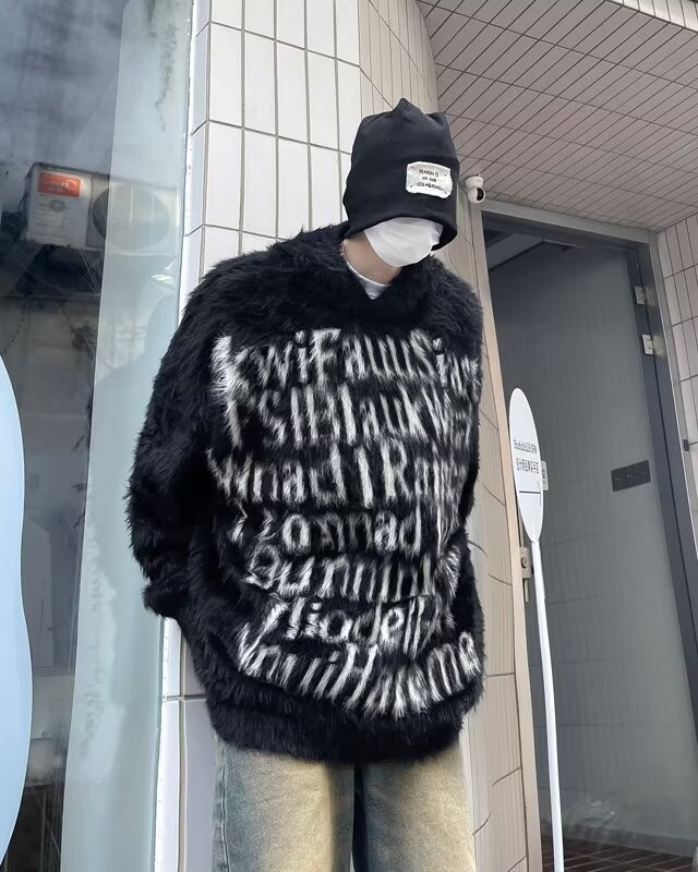 秋冬新款美式潮流毛衣男宽松马海毛针织衫字母情侣外套,男装针织衫/毛衣,星座716-2
