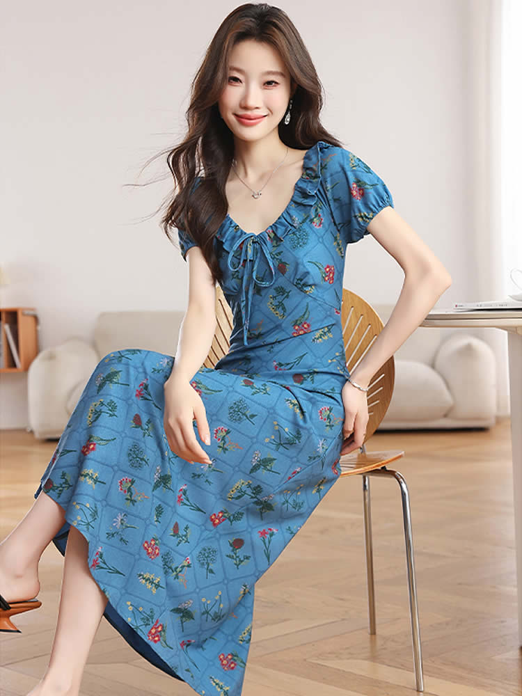 现货荷叶边系带短袖收腰法式气质A字连衣裙女,女装连衣裙,韩蔻秀