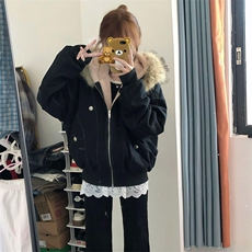 现货重磅boxy短款棉衣座山雕大毛毛领男女棉服水洗工装厚外套，男装棉衣，电商A486-1