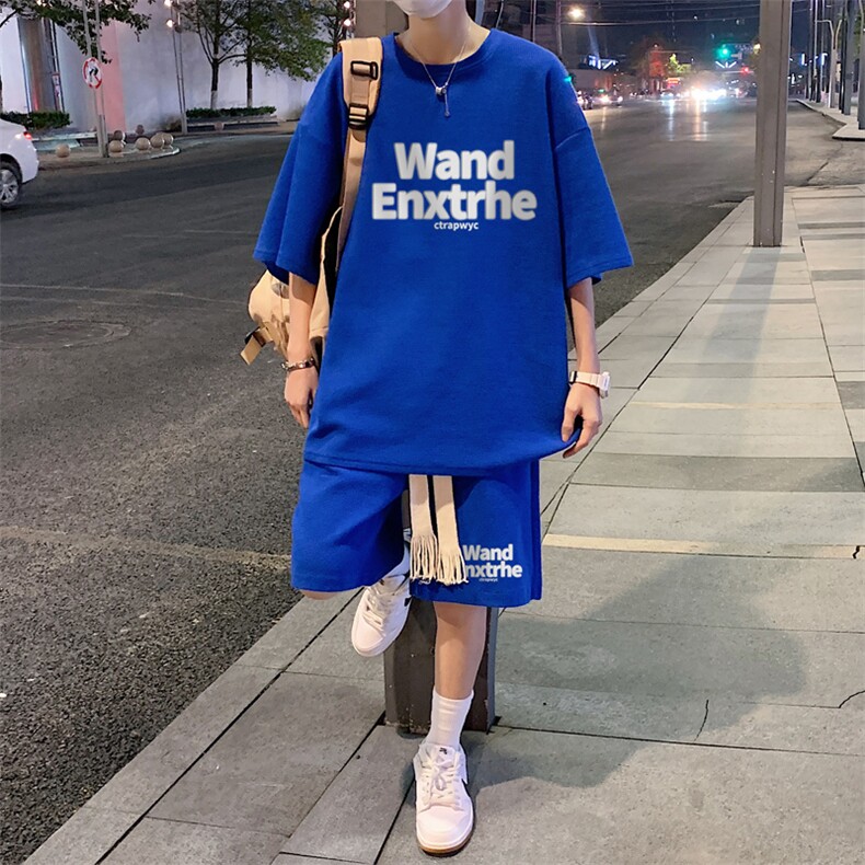 套装！夏季华夫格套装男T恤短裤男两件套大码港风TZ56-P50,男装休闲套装,电商B367