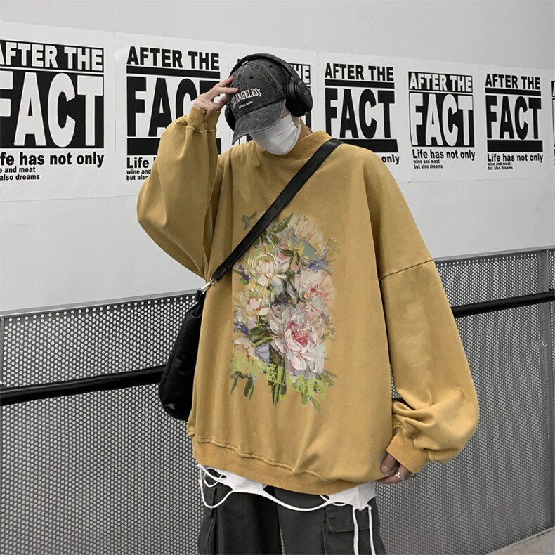 水洗做旧加绒加厚卫衣男23冬高领油画花朵打底衫XZ514-2-X51-P78,男装T恤,星座514-2(原B239)