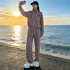 休闲运动套装女春新款粉色千鸟格抽绳立领上衣直筒长裤两件套显瘦，女装套装/套裙，江南