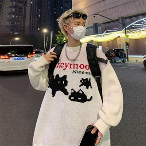潮美式圆领毛衣男女秋冬季慵懒风情侣装潮牌宽松针织衫上衣图片