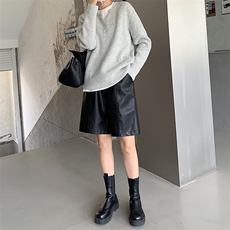 2024皮短裤女秋冬pu洗水皮裤高腰阔腿五分裤宽松显瘦靴裤直筒中裤，女装休闲裤，梦白服饰厂