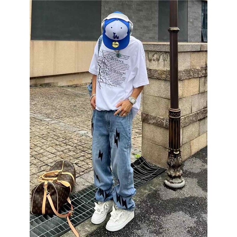 vibe风复古水洗做旧闪电贴布蓝色牛仔裤男宽松直筒长裤子NZ832,男装牛仔裤,星座516A