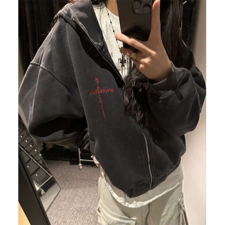 美式水洗做旧连帽开衫卫衣男潮牌十字刺绣宽松设计感休闲拉链外套，女装短外套，星座813-2