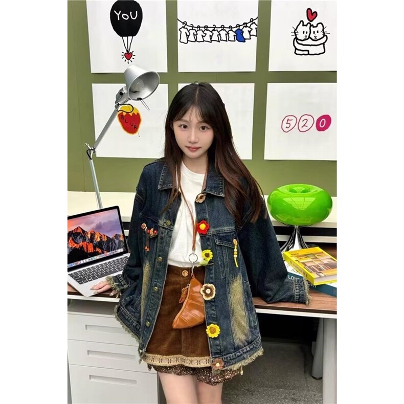 2580-P73做旧水洗牛仔外套女花朵2025新款设计感宽松百搭休闲,男装工装外套,电商B323A