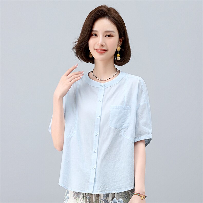 纯棉短袖衬衫女夏季2025年新款中年妈妈宽松休闲简约圆领衬衣上衣图片