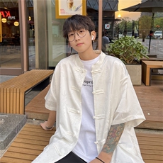 新中式男痞帅高级感衬衣潮盘扣复古短袖衬衫812-CY518-P50控68，男装T恤，星座812