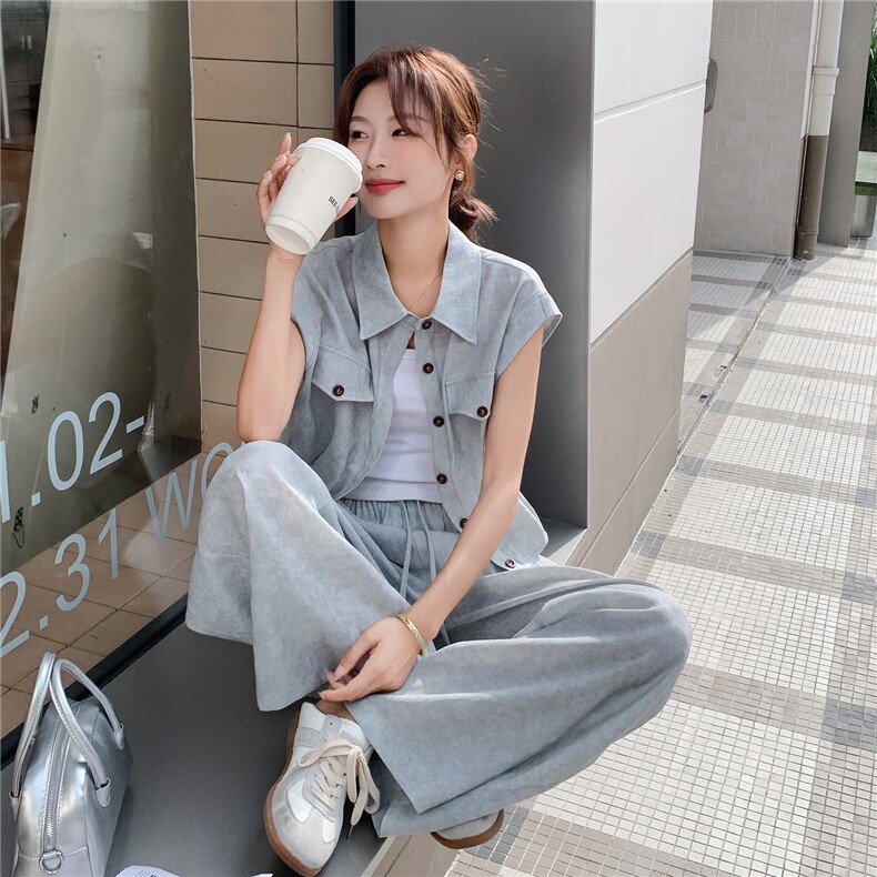 老钱风休闲马甲高腰阔腿裤套装女2025夏季新款韩版复古工装两件套,女装套装/套裙,2C203