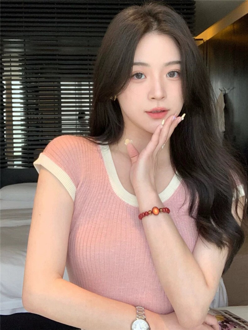 2025年夏季时尚潮流U领抽条拼色落肩袖短袖,女装T恤,圣旺供货