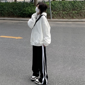现货 品质重磅宽松直筒休闲条纹卫裤男拼接松紧腰阔腿女K915-P50图片