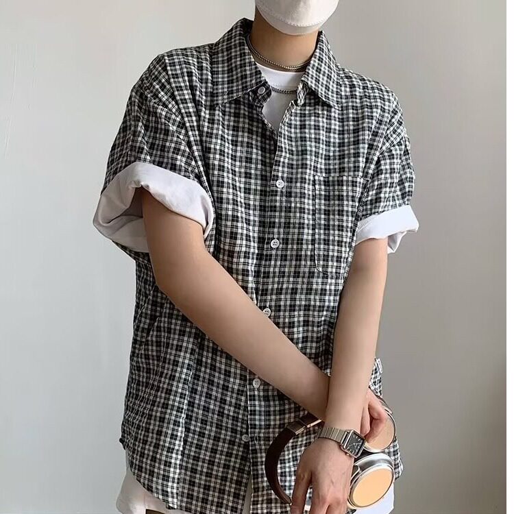 网络图现货春夏棉格子短袖衬衫细格纹清新轻商务衬衣寸衫RC85-P55,男装T恤,星座1005-6