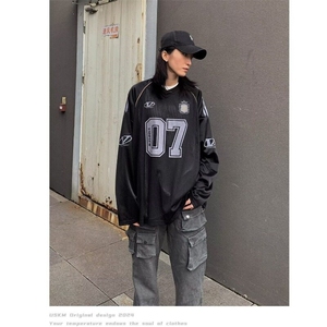 秋季薄款网面字母印花球衣T恤男女小众休闲运动长袖打底上衣图片