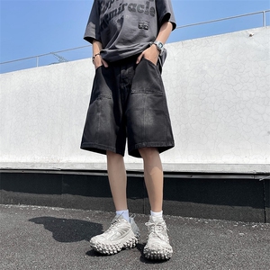 港风夏款男牛仔短裤渐变色裤工装拼接大口袋宽松五分裤D974 P38图片