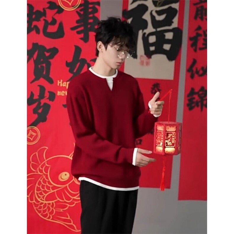 网图76323-特P65新年红色假两件V领毛线衣男本命年内搭针织衫,男装针织衫/毛衣,电商D310B