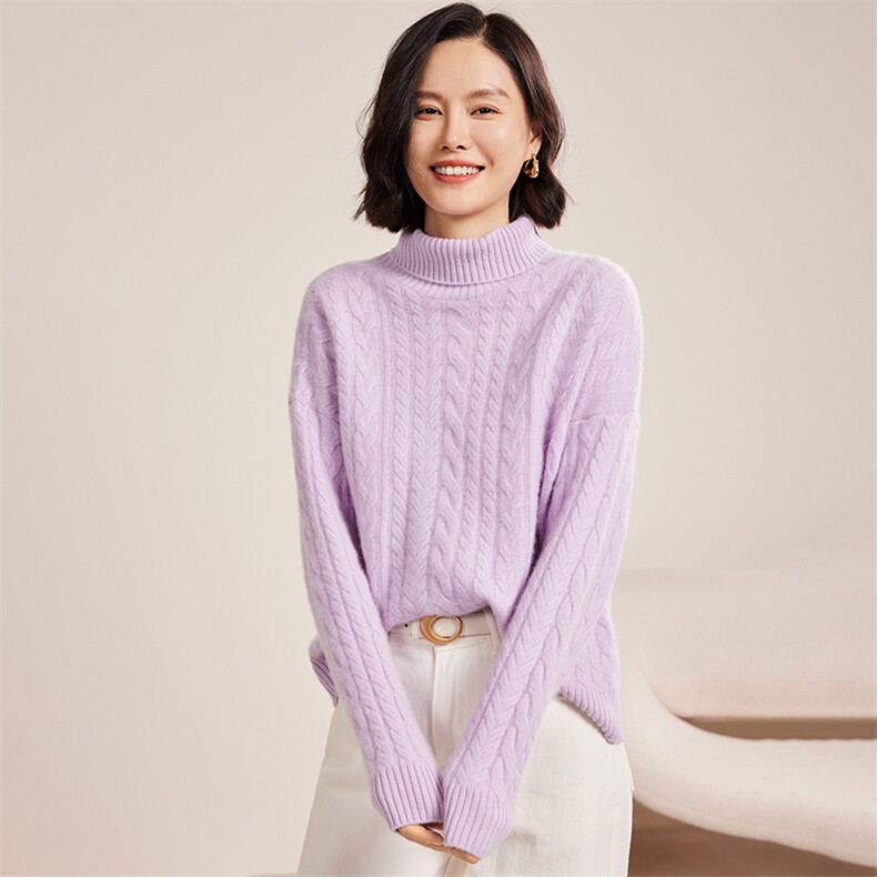 七针大绞花宽松高翻领女士羊绒衫30%羊绒,女装羊绒衫,名驰羊绒