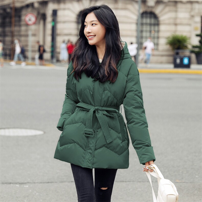 时尚显瘦系带连帽白鸭绒羽绒服女冬季新款保暖外套图片