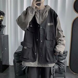 春秋季工装夹克韩版潮流宽松港风假两件男士连帽外套WT08图片