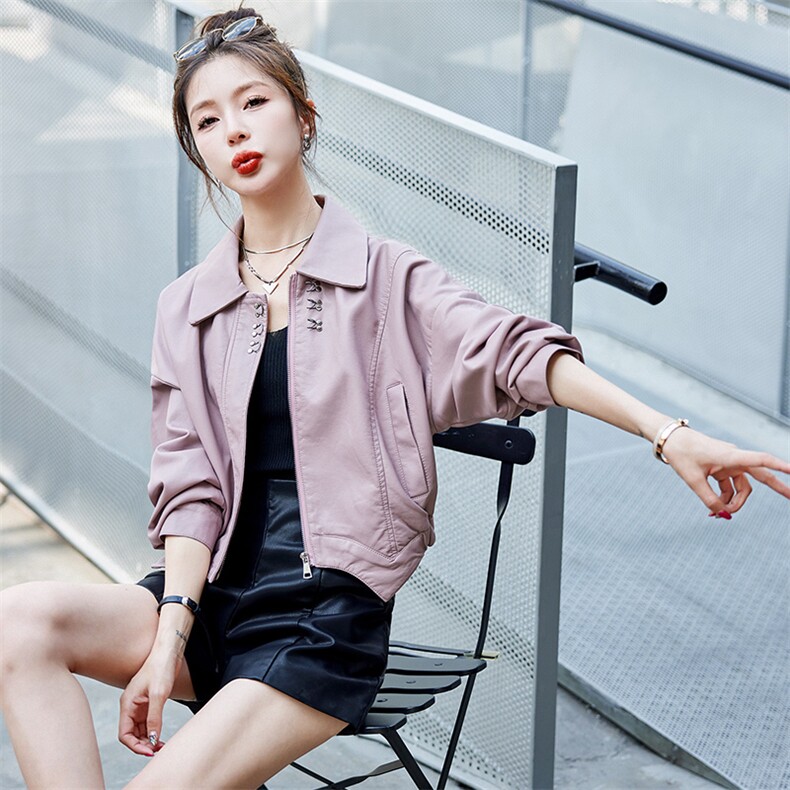 现货不规则皮衣外套女2023年春季新款洋气减龄短款皮夹克潮,女装皮衣,江南女神