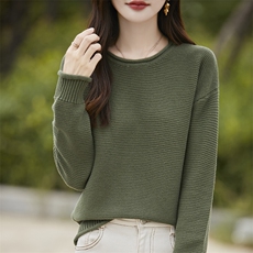 时尚百搭女士纯棉七针卷边圆领针织衫简约显瘦黑色长袖毛衣，女装针织衫/毛衣，斯美雅电商供货