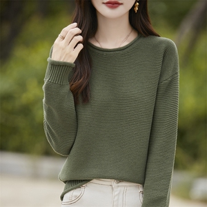 时尚百搭女士纯棉七针卷边圆领针织衫 简约显瘦黑色长袖毛衣图片
