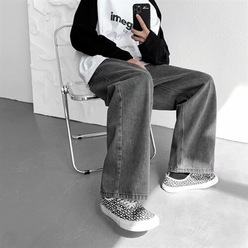 秋季高街拖地牛仔裤男hiphop裤子直筒宽松潮牌休闲长裤7067-p45,套头毛衣搭配什么裤子好看图片
