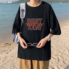 YT26181-P30 亚麻短袖t恤男大码五分袖男宽松七分袖 港风模特图片