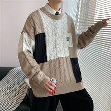 秋冬ins港风拼接撞色针织衫男潮流情侣宽松毛线衣外套M314-P45，男装针织衫/毛衣，星座512-4