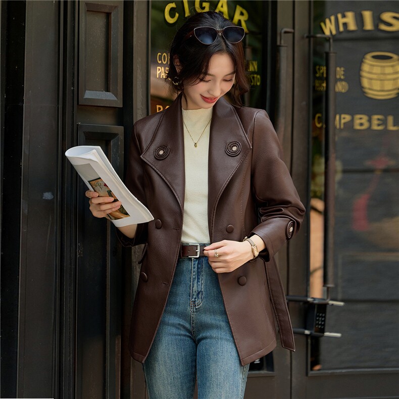皮衣女2026秋季PU皮风衣外套常规修身型长袖,女装皮衣,悦祺