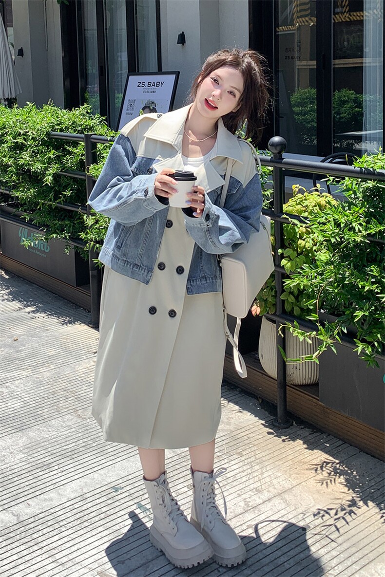 韩系工装牛仔拼接风衣外套女春秋2025新款超火好看中长款夹克大衣,女装风衣,2C292