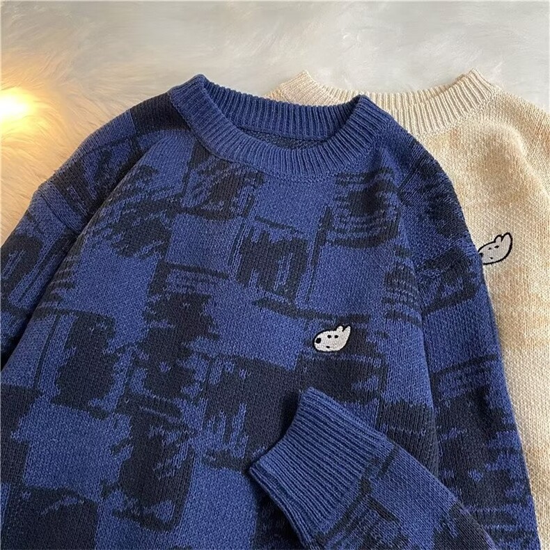 格子毛衣男女秋冬复古奶系软糯显白休闲百搭情侣针织衫M553-P45,男装针织衫/毛衣,星座1008
