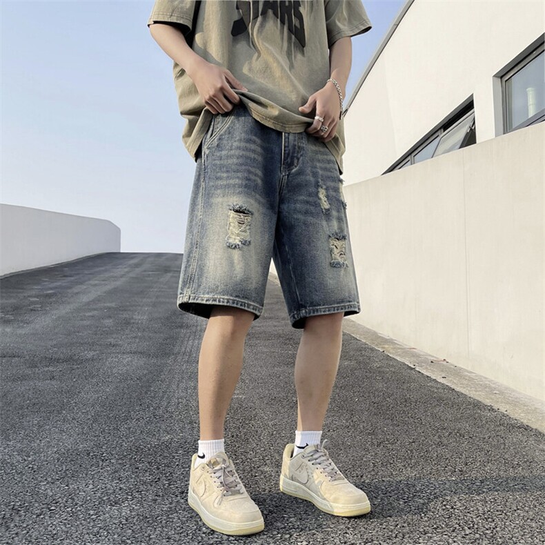 夏季破洞牛仔短裤男款宽松直筒休闲复古FM881P24,男装牛仔裤,星座1013-1