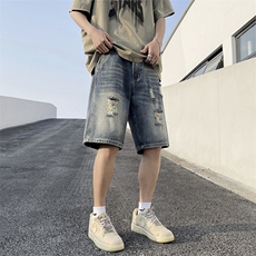夏季破洞牛仔短裤男款宽松直筒休闲复古FM881P24，男装牛仔裤，星座1013-1